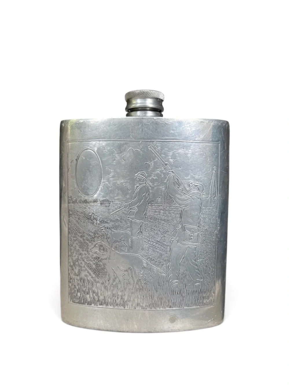 RARE Sheffield Rose English Pewter Hip Flask - Hunting Scene